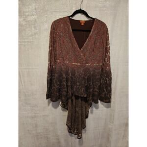 Skully‎ Western LS Lace Criss Cross Ombre Brown Small Hi Lo Tunic Boho Cowgirl